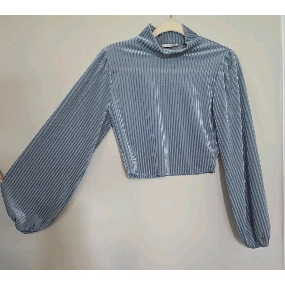 Altar'd State Velvet Burnout Crop Top Womens XS Sheer Long Sleeve Mock Neck Blue